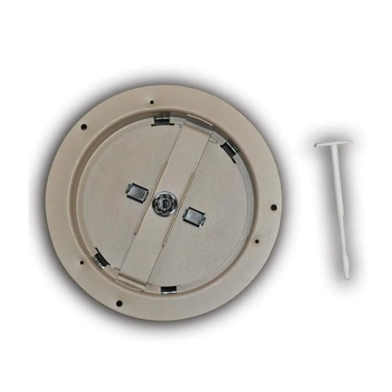 The 8 in. Steel Round Diffuser Damper - Brown by Go Build, The Fastest Way To Build, features a secure locking design and dual access panels for efficient airflow control, similar to the pictured round beige floor outlet cover with matching key.